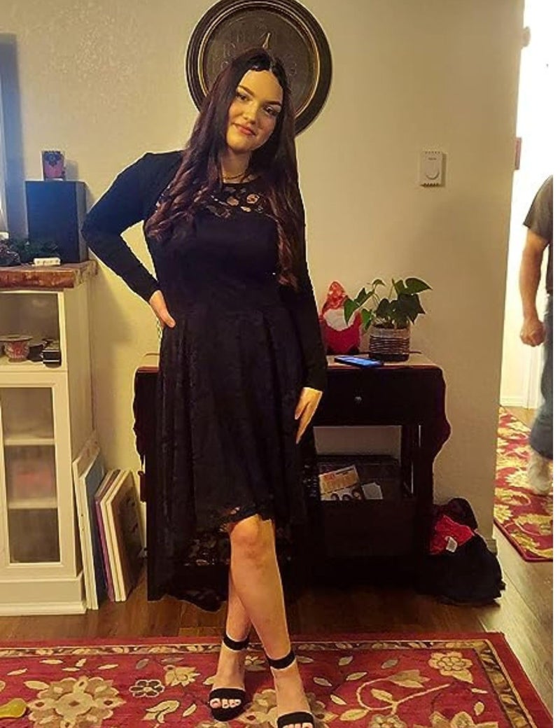 MUADRESS Women's Elegant Floral Lace Dress Sleeveless Crew Neck Hi-Lo Cocktail Prom Dress for Evening Party Black M - Image 3